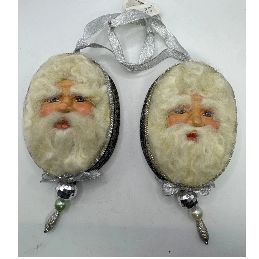 Vintage Santa Claus Head Ornaments‎ Pair Silver Glitter Disco Ball Faux Fur 2pc